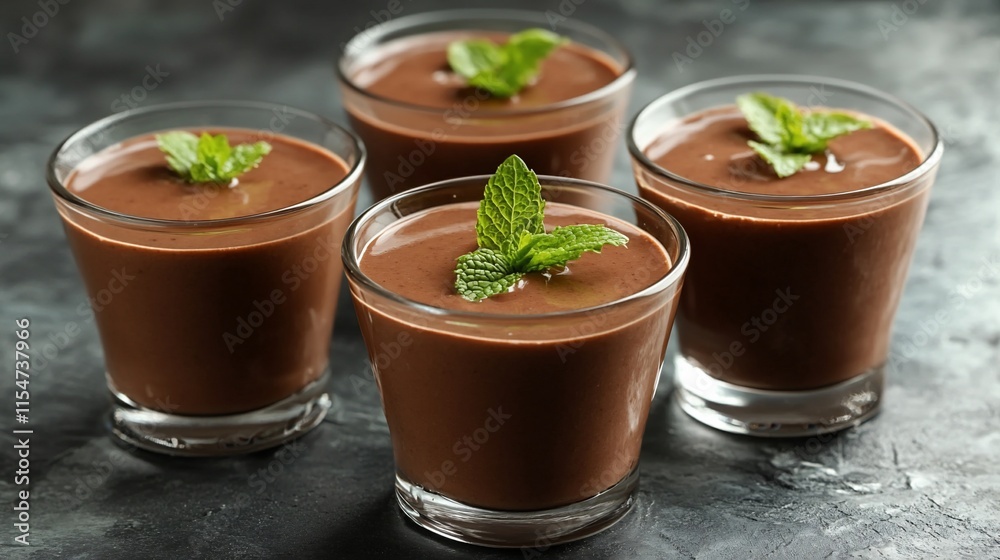 Four glasses of chocolate mousse garnished with mint leaves.