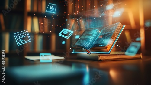Open book levitating with digital data icons.
