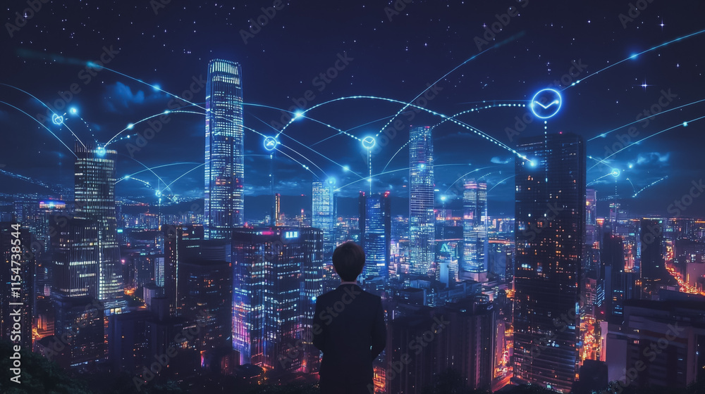 Smart digital Innovation city with connection network reciprocity over the cityscape. of future smart wireless city and social media networking systems that connects business people with in city Smart digital Innovation city with connection network reciprocity over the cityscape. of future smart wireless city and social media networking systems that connects business people with in city