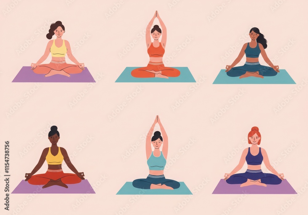 Cartoon yoga poses, colorful athletic wear, diverse women exercising, yoga mats