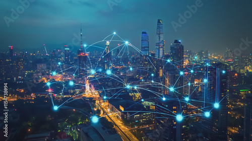 Wallpaper Mural Smart digital Innovation city with connection network reciprocity over the cityscape. of future smart wireless city and social media networking systems that connects business people with in city Torontodigital.ca