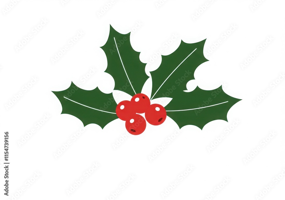 Christmas holly, vector illustration, festive icon, green leaves, red berries, minimalist desigs