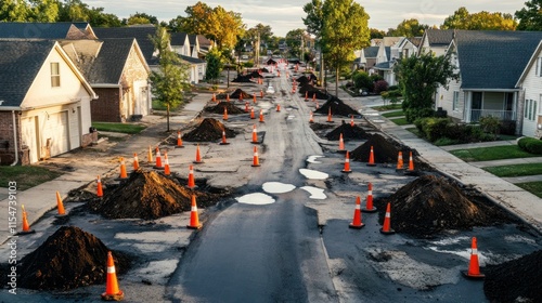 A suburban neighborhood with sinkholes and warning cones marking off dangerous areas 