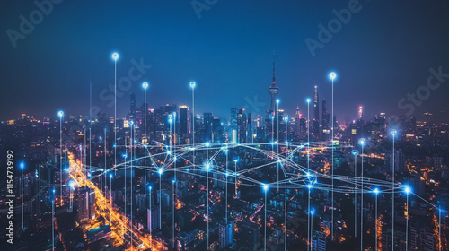 Wallpaper Mural Smart digital Innovation city with connection network reciprocity over the cityscape. of future smart wireless city and social media networking systems that connects business people with in city Torontodigital.ca