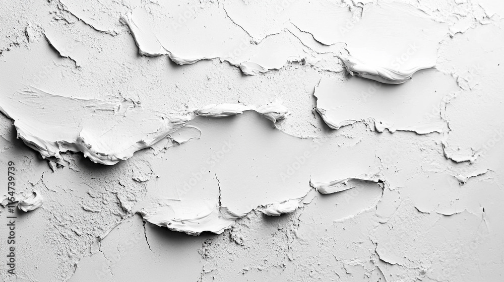Abstract white concrete wall with chaotic texture and cracks symbolizing disruption and rawness, conveying urban decay and imperfection, with a rough, gritty surface that reflects disorder

