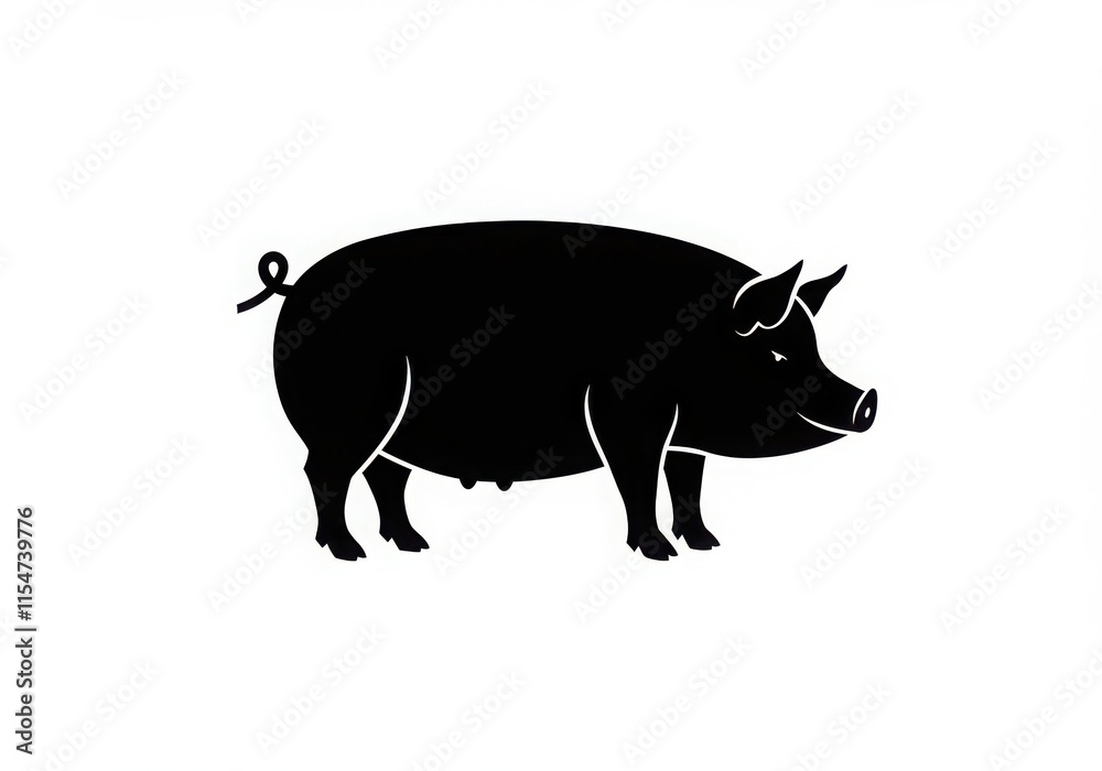 Fototapeta premium Black and white illustration, minimalist pig silhouette, simple farm animal icon, clean