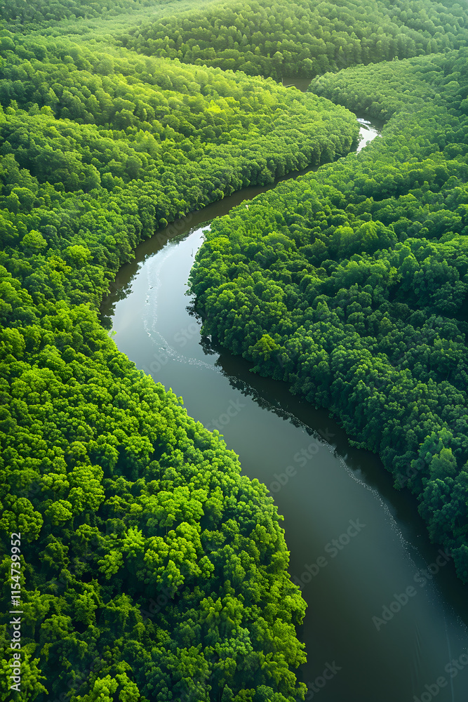 Aerial View of Serene River Meandering through Lush Forest, Capturing Natural Beauty and Tranquility Aerial View of Serene River Meandering through Lush Forest, Capturing Natural Beauty and Tranquility