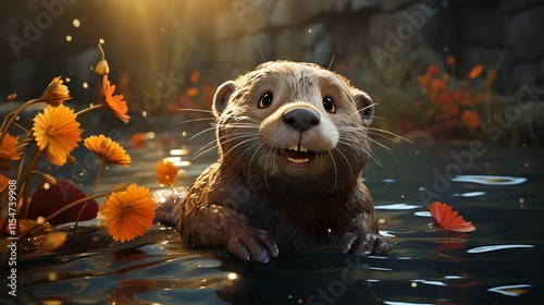 Happy otter in water with flowers.