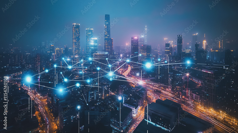 Smart digital Innovation city with connection network reciprocity over the cityscape. of future smart wireless city and social media networking systems that connects business people with in city Smart digital Innovation city with connection network reciprocity over the cityscape. of future smart wireless city and social media networking systems that connects business people with in city