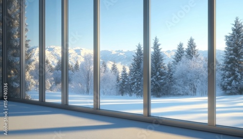 [Cozy winter window scene] Warmth Inside: Serene Winter View Through Large Glass Window