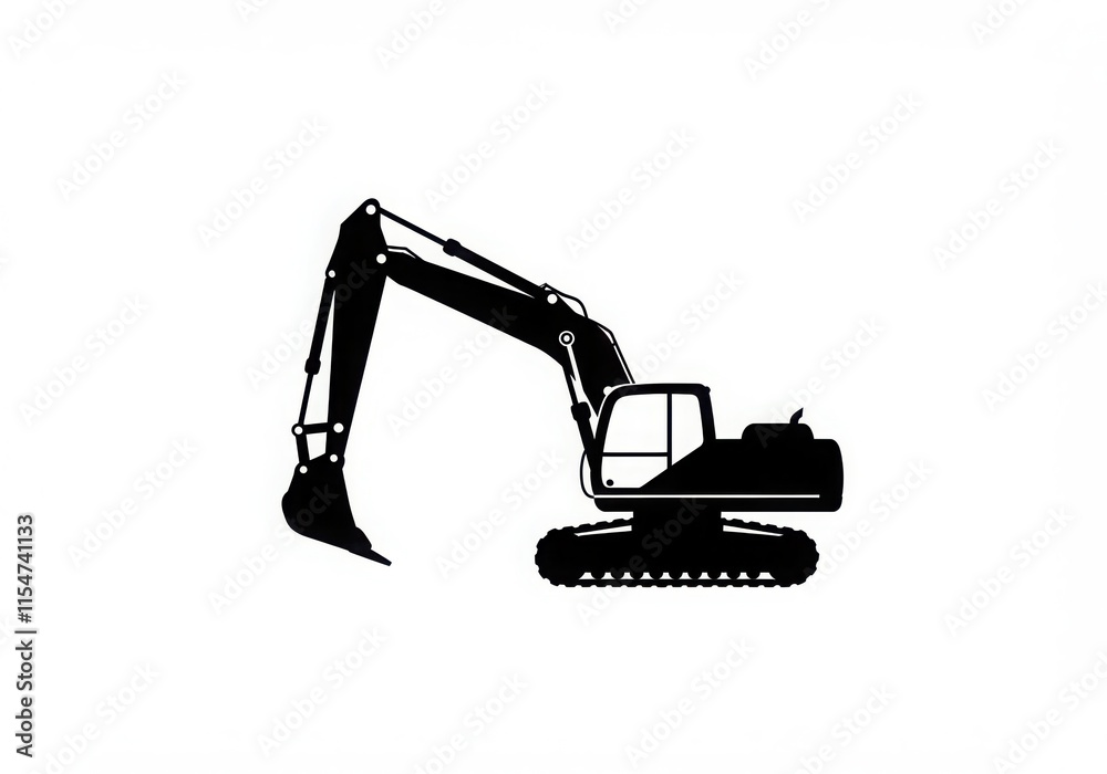 Black and white icon, excavator silhouette, construction equipment, heavy machinery Black and white icon, excavator silhouette, construction equipment, heavy machinery
