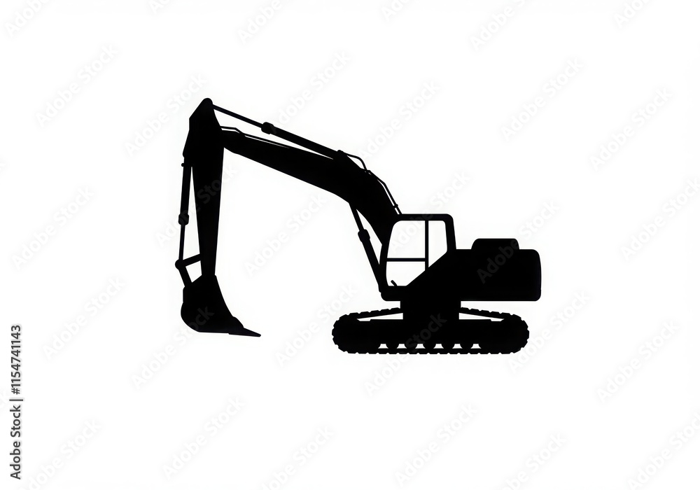 Black and white icon, excavator silhouette, construction equipment, heavy machinery Black and white icon, excavator silhouette, construction equipment, heavy machinery