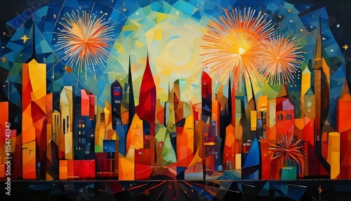 firework city skyline colorful illustration background new year