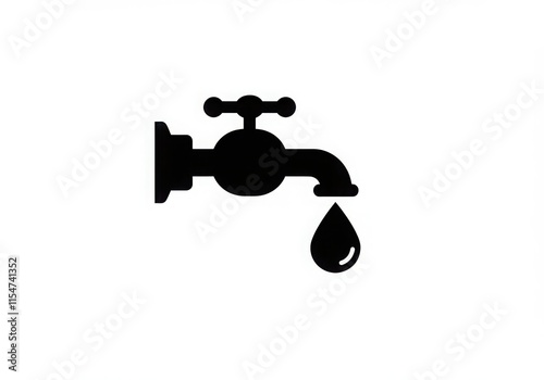 Simple black icon, water faucet silhouette, single water droplet, minimalist design, plumbing photo