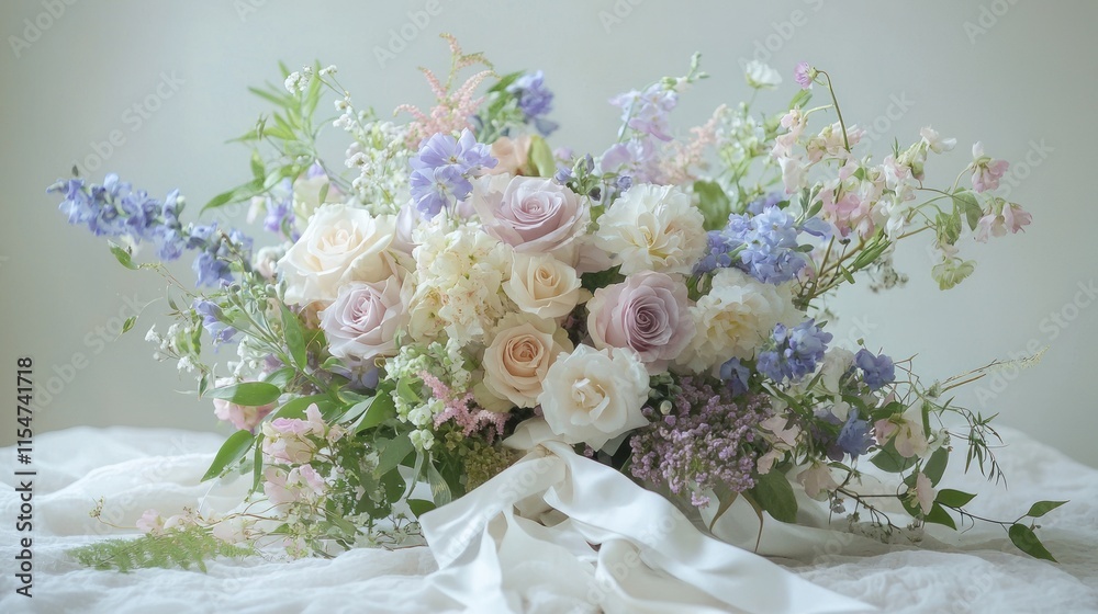 Pastel bridal bouquet with roses, delphiniums, and lisianthus. Pastel bridal bouquet with roses, delphiniums, and lisianthus.