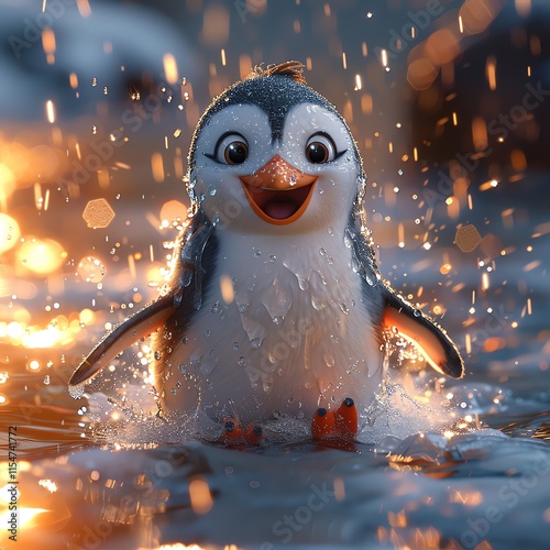 Happy penguin chick splashing in water.