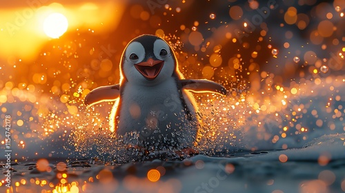 Happy penguin splashing in sunset waves.