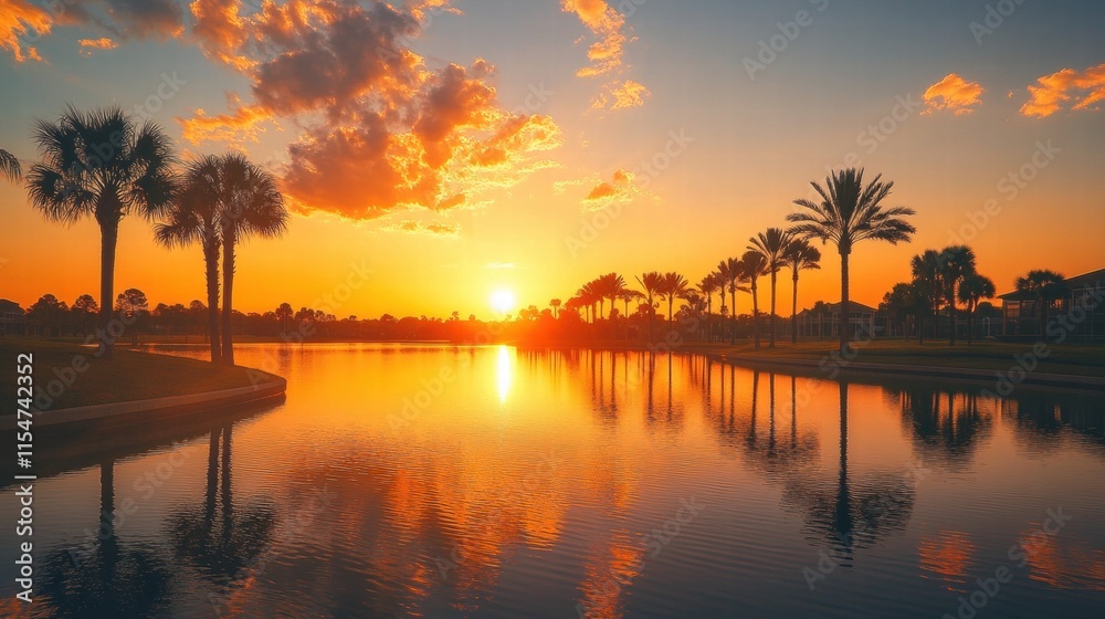 Palm trees silhouette at sunset over calm lake. Perfect for travel, vacation, and tropical themes. Palm trees silhouette at sunset over calm lake. Perfect for travel, vacation, and tropical themes.