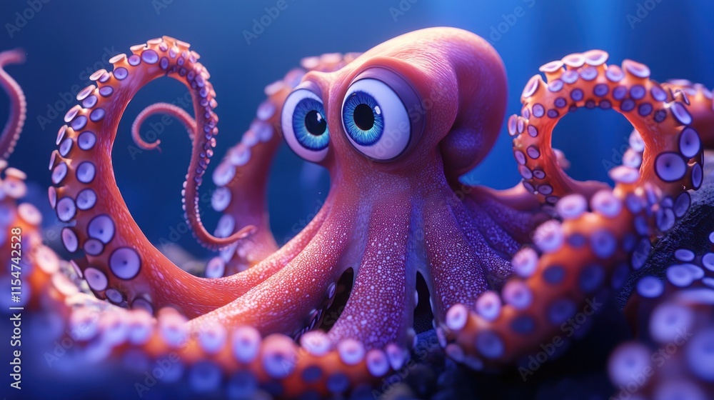 Obraz premium Cute cartoon octopus with big eyes in underwater scene.