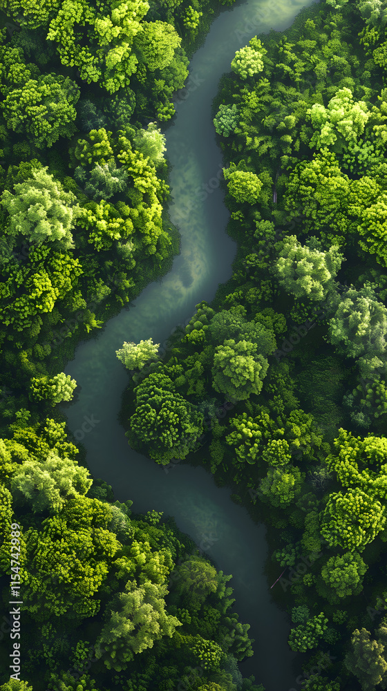 Aerial View of Serene River Meandering through Lush Forest, Capturing Natural Beauty and Tranquility Aerial View of Serene River Meandering through Lush Forest, Capturing Natural Beauty and Tranquility