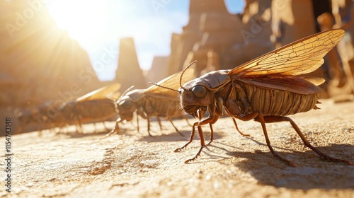 Close-up of cicadas on desert ground, sunlight. photo