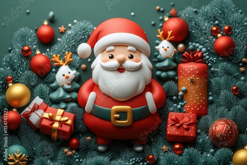 [Christmas Santa Claus Decorations] Jolly Old Saint Nick 3D Rendering Santa Claus Christmas Decorations Ornament Display with Candy Canes & Mistletoe