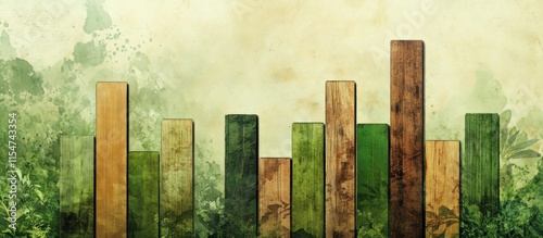 A nature-inspired stock bar chart with bars made of wood textures, green and brown earthy tones, and soft natural lighting