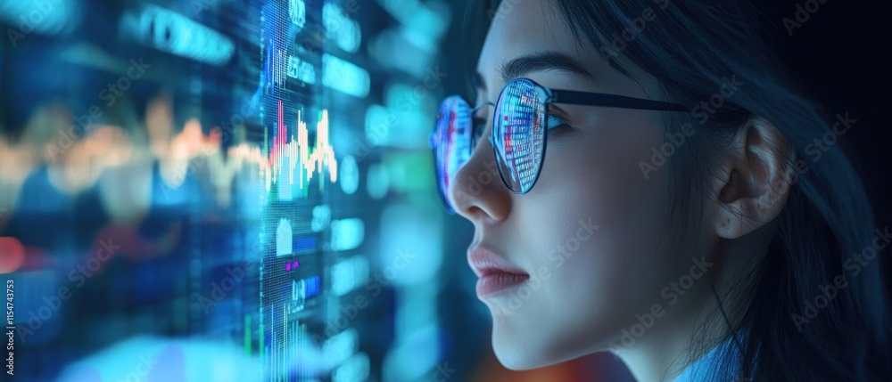 Woman Analyzing Data on a Futuristic Screen Woman Analyzing Data on a Futuristic Screen