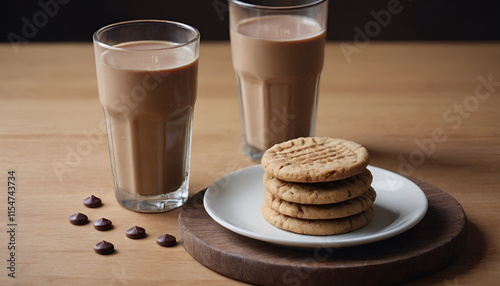 peanut butter cookies with glass of chocolate milk photo