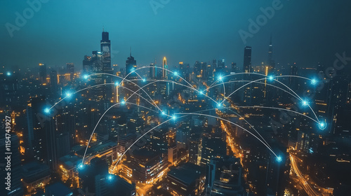 Smart digital Innovation city with connection network reciprocity over the cityscape. of future smart wireless city and social media networking systems that connects business people with in city