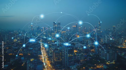 Smart digital Innovation city with connection network reciprocity over the cityscape. of future smart wireless city and social media networking systems that connects business people with in city