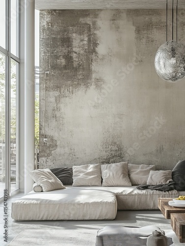 Modern Living Room Sectional Sofa Concrete Wall Decor