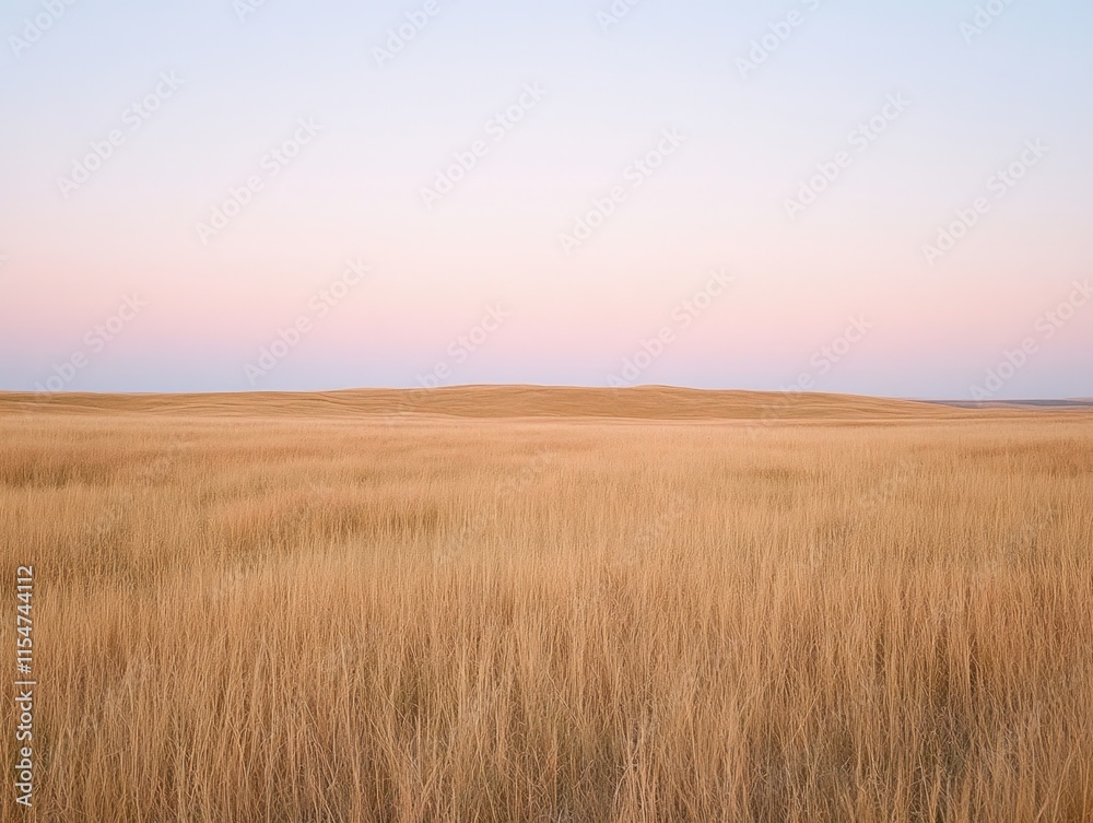 Expansive golden grassland under a pastel sky at dusk. Expansive golden grassland under a pastel sky at dusk.