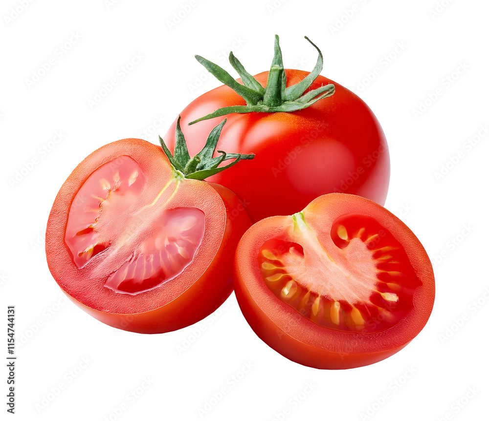 Fresh Red Tomato Slices: A vibrant red tomato, sliced in half, showcases its juicy, flavorful interior. The accompanying whole tomato adds a touch of freshness and completeness. Fresh Red Tomato Slices: A vibrant red tomato, sliced in half, showcases its juicy, flavorful interior. The accompanying whole tomato adds a touch of freshness and completeness.
