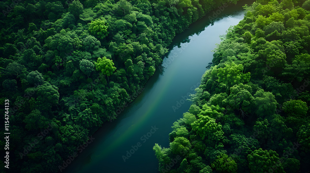 Aerial View of Serene River Meandering through Lush Forest, Capturing Natural Beauty and Tranquility Aerial View of Serene River Meandering through Lush Forest, Capturing Natural Beauty and Tranquility