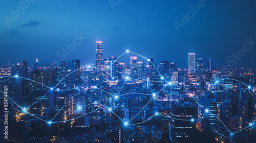 Smart digital Innovation city with connection network reciprocity over the cityscape. of future smart wireless city and social media networking systems that connects business people with in city