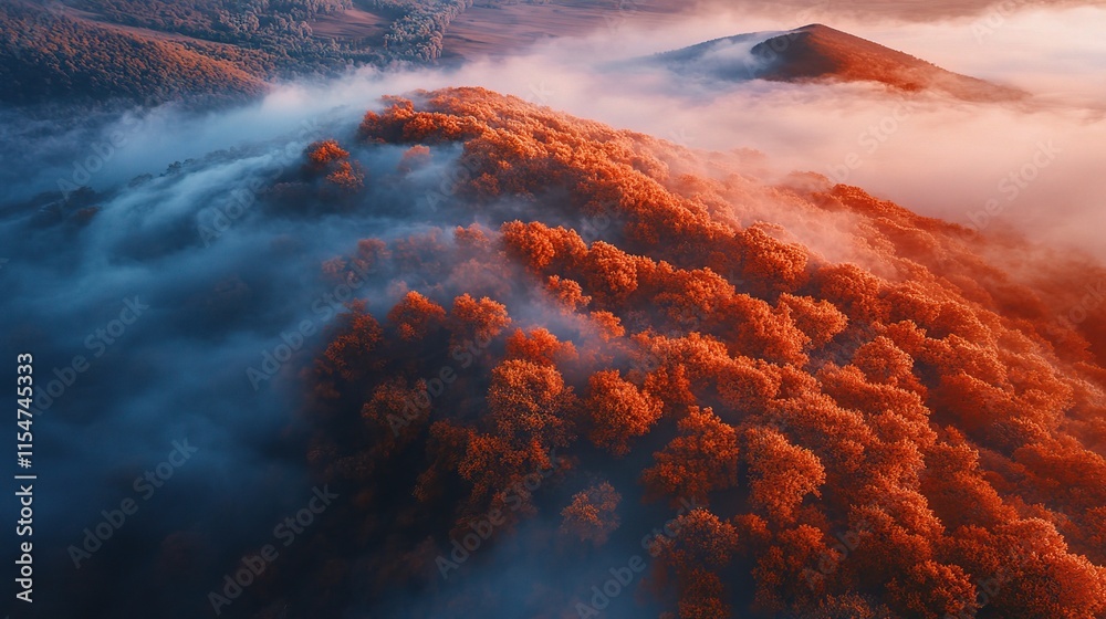 Naklejka premium Aerial View of Beautiful Orange Trees on Hill with Misty Landscape
