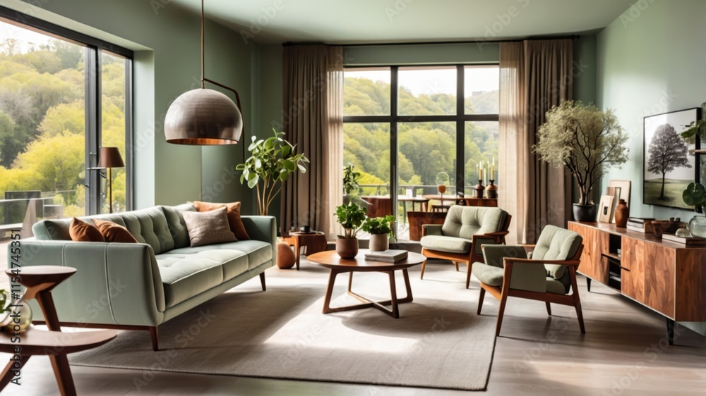 Fototapeta premium Mid-century modern living room, sage green walls, floor-to-ceiling windows, natural light, wooden ceiling, pendant light, green velvet sofa, leather armchair, houseplants, area rug, coffee table, retr