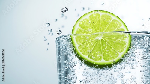 A 3D Rendered Close-Up of a Fresh Lime Wedge Being Squeezed into Sparkling Water with Bubbles Capturing the Refreshing Essence of Citrus Flavor