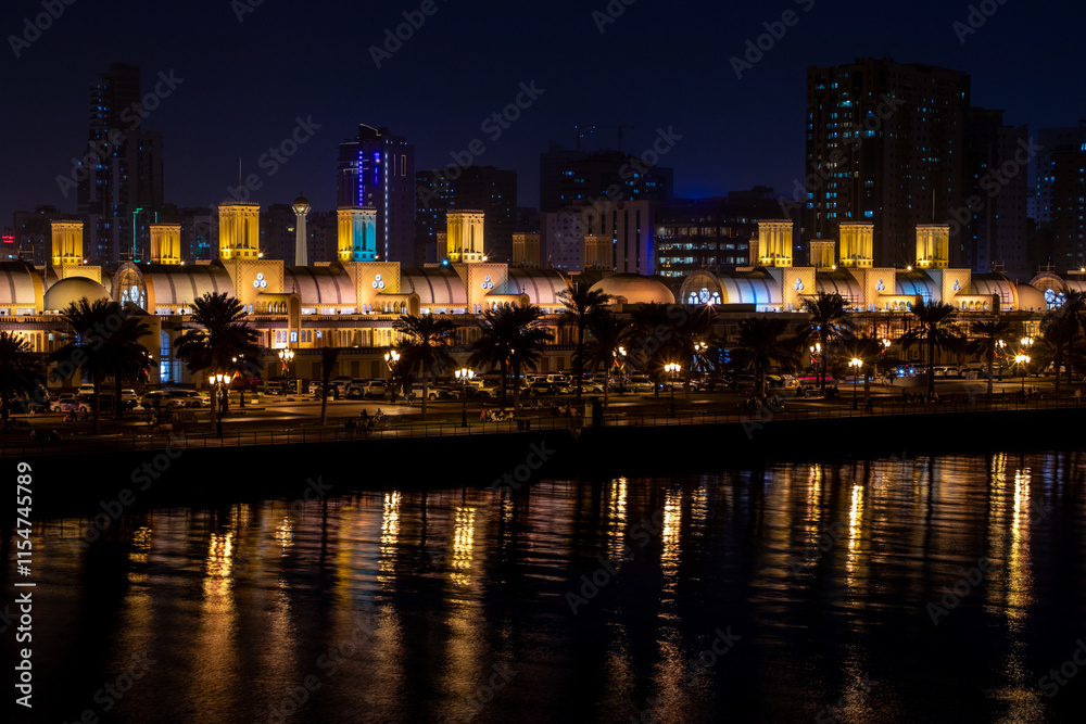 The Gold Souq Market, a historic landmark in Sharjah’s center, is near the Corniche and a public park, offering a picturesque setting for night photography and a popular spot for families to gather. The Gold Souq Market, a historic landmark in Sharjah’s center, is near the Corniche and a public park, offering a picturesque setting for night photography and a popular spot for families to gather.