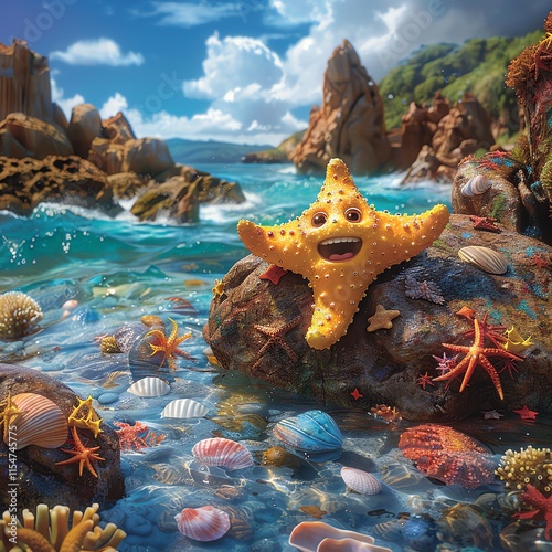 Happy starfish on a rock at the beach.