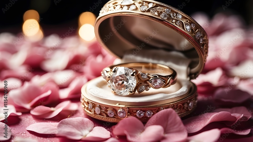 A sparkling diamond ring on a rose petal-filled box, holiday promo poster valentine day sale banner background, vibrant colors, romantic love and harmony