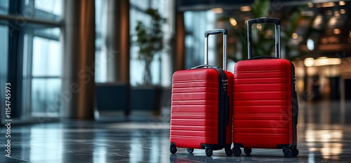 Two red suitcases positioned in a modern airport setting.