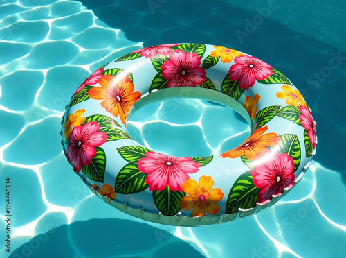 Colorful inflatable swim ring with a vibrant tropical floral pattern, perfect for summer pool or beach fun. new image  photo