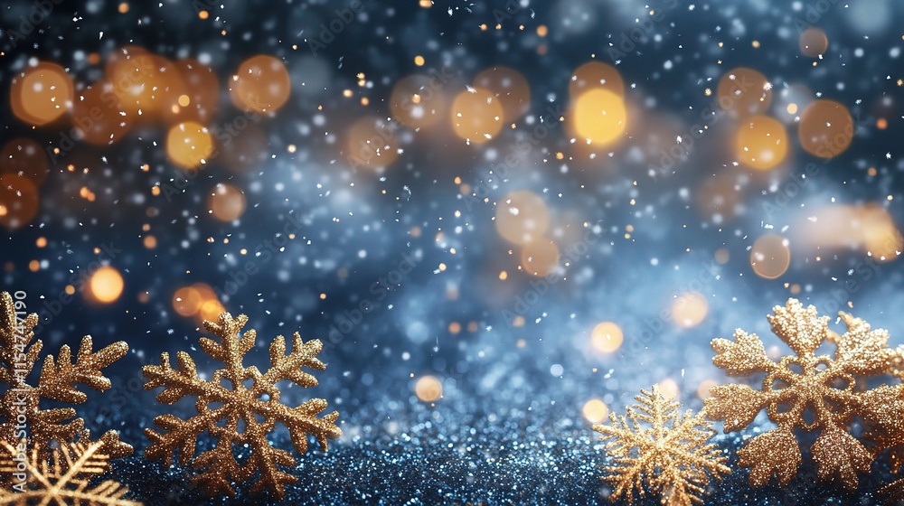 Glittering Golden Particles Against a Dark Background with Snowflakes Glittering Golden Particles Against a Dark Background with Snowflakes