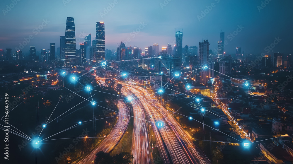 Fototapeta premium Smart digital Innovation city with connection network reciprocity over the cityscape. of future smart wireless city and social media networking systems that connects business people with in city