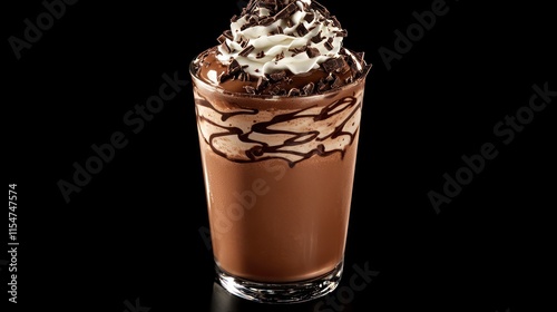 Chocolate milkshake with whipped cream and chocolate shavings in a glass. photo