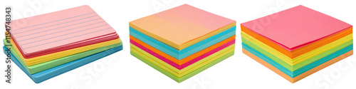 Stacks of colorful index cards and sticky notes isolated with transparent background