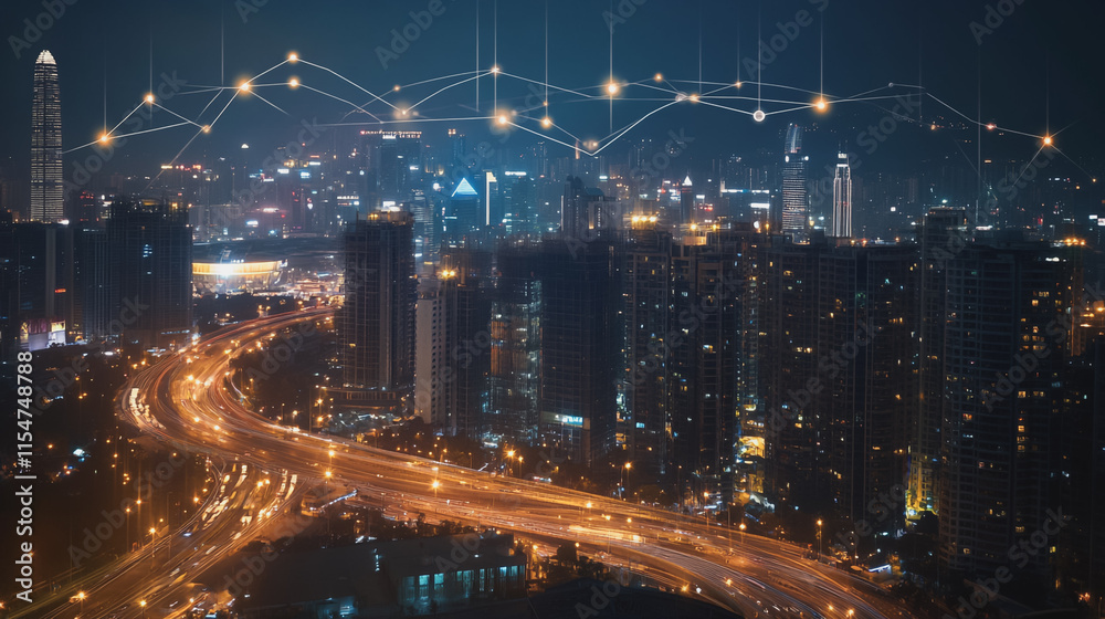 Fototapeta premium Smart digital Innovation city with connection network reciprocity over the cityscape. of future smart wireless city and social media networking systems that connects business people with in city