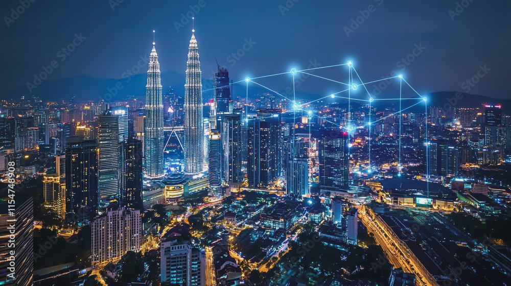 Smart digital Innovation city with connection network reciprocity over the cityscape. of future smart wireless city and social media networking systems that connects business people with in city